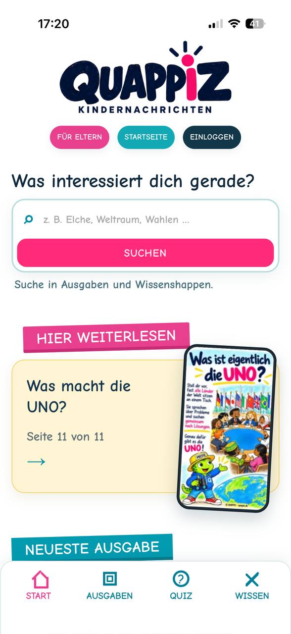 QUAPPIZ-App: Startseite mit Suche und Wissenshappen