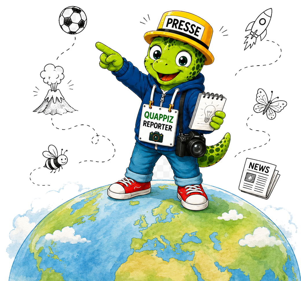 Reporter QUAPPIZ steht auf der Erde und entdeckt Themen aus Sport, Natur und Wissenschaft