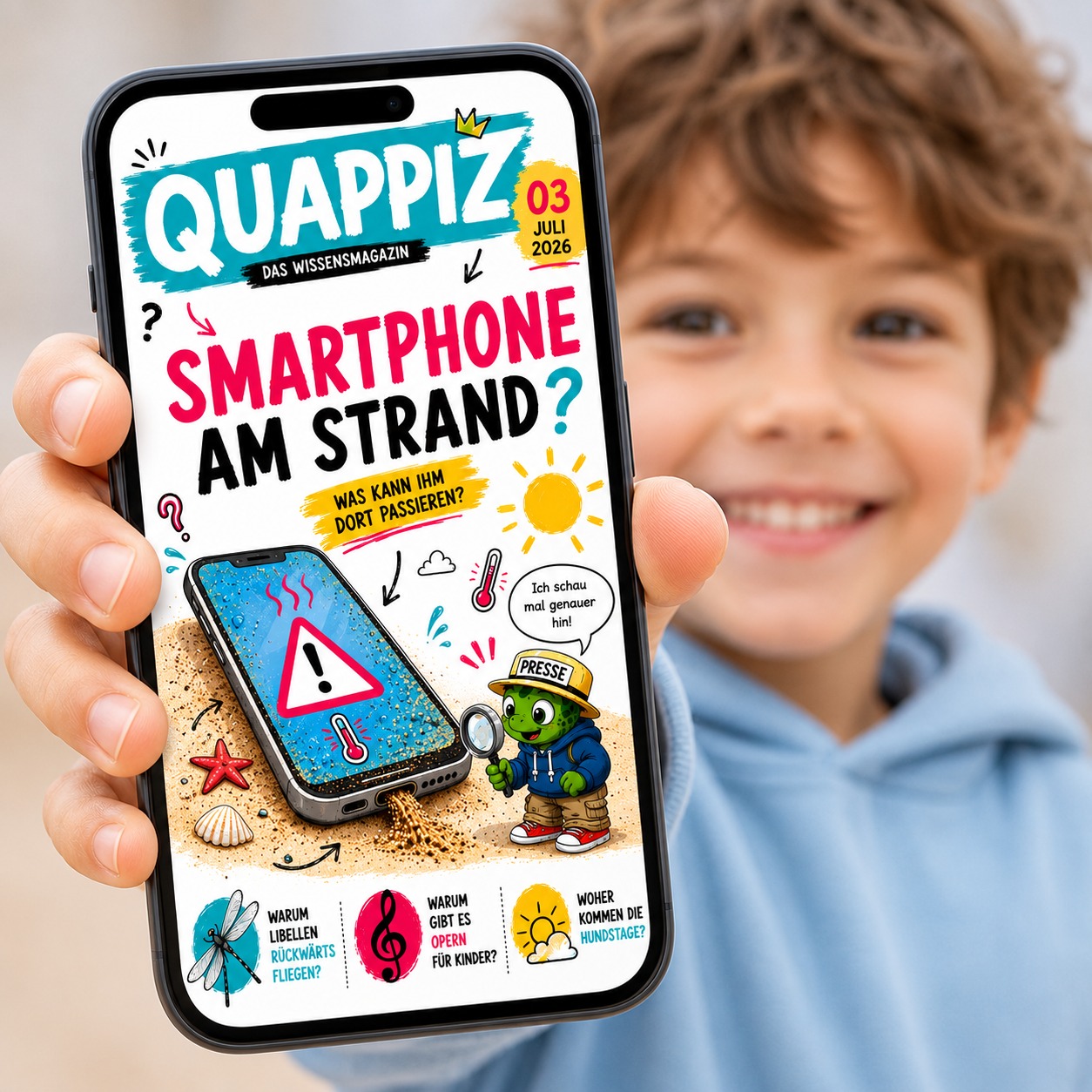 Ein Kind hält ein Smartphone mit einer QUAPPIZ-Ausgabe in die Kamera
