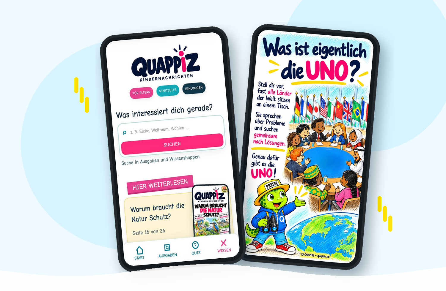 Originalgetreue QUAPPIZ-App neben dem UNO-Wissenshappen