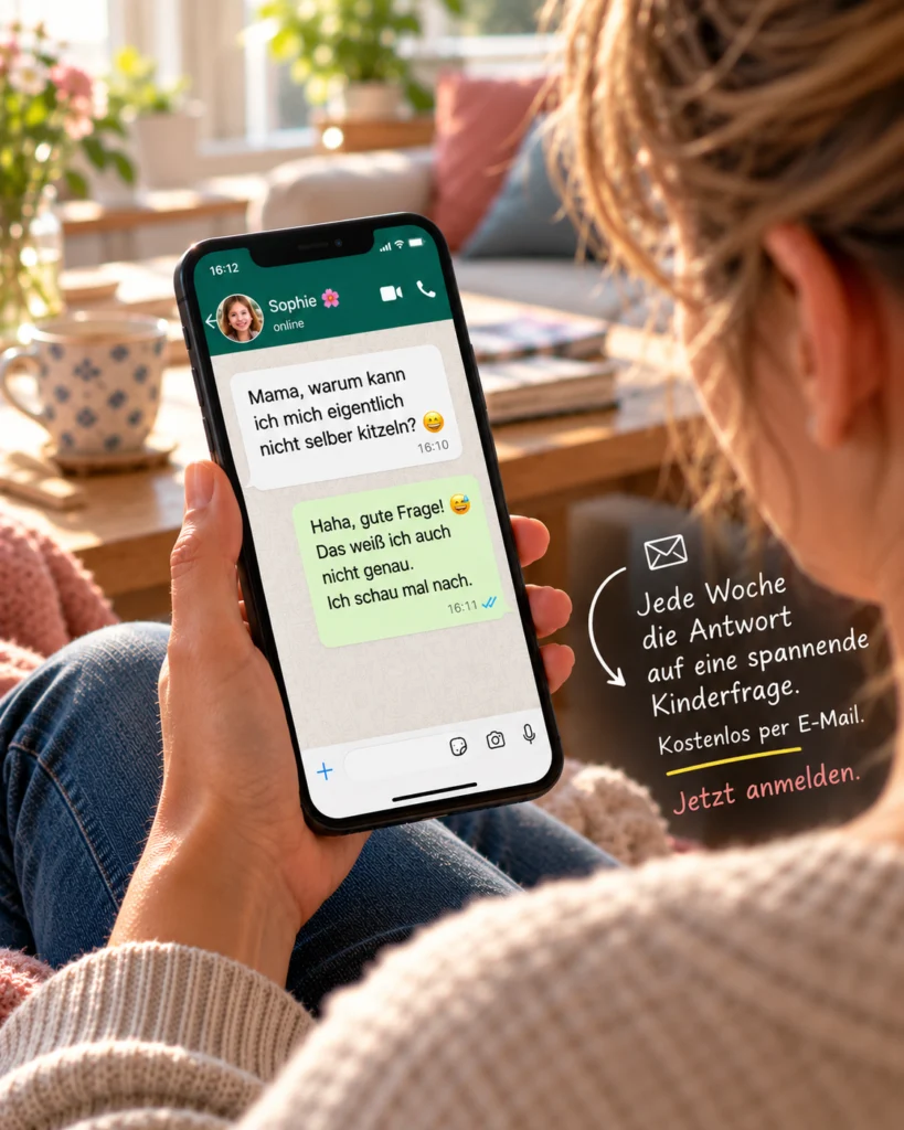 Eine Mutter liest die Kinderfrage von Sophie auf dem Smartphone.